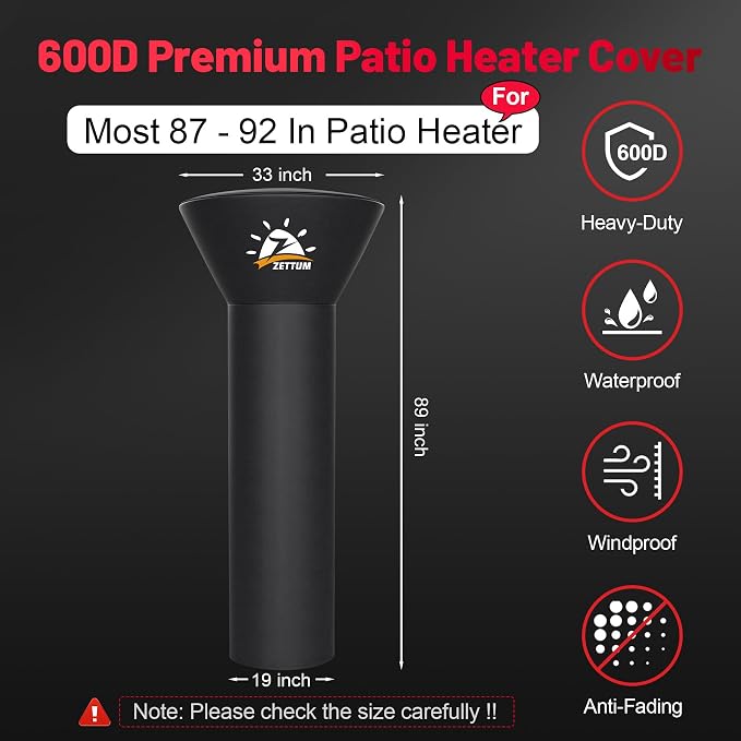 Zettum Patio Heater Covers - 600D Outdoor Heater Cover with Zipper Waterproof Heavy Duty, Propane Heat Cover for East Oak, Hampton Bay, Fire Sense and More (89" Height x 33" Dome x 19" Base)