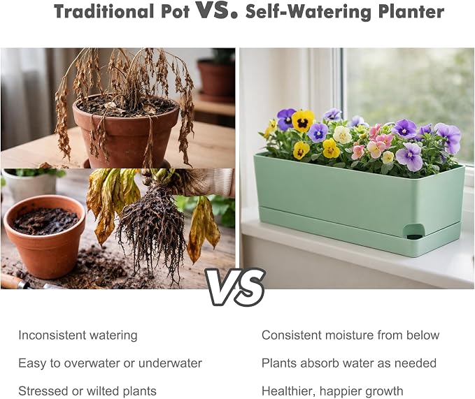 Party Zealot Window Boxes Planters, 3 Pack Self Watering Pots for Indoor Plants 17 Inch Rectangular Planter Rectangle Flower Pots Long Plant Pot Large Window Sill Herb Planter Box, Green