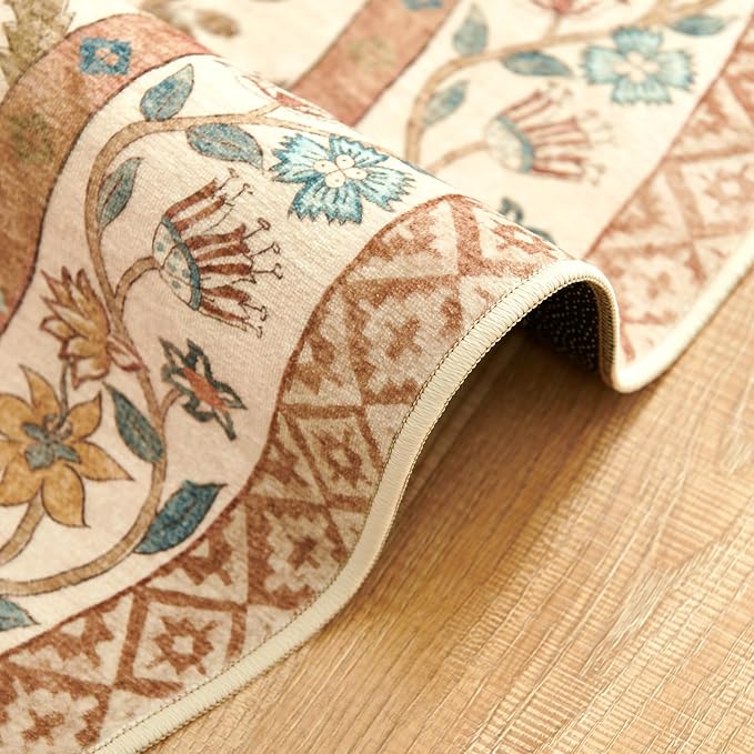 jinchan Round Rug 5ft Vintage Floral Washable Circle Area Rug, Terracotta | Soft & Lightweight, Checkered Floral, Low Pile, Non Slip, Bedroom, Living Room, Entryway, Girls Room, Reading Nook