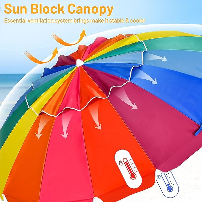 Tangkula 8FT Beach Umbrella, Portable Outdoor Sunshade Beach Umbrella with Sand Anchor & Tilt Mechanism, 16 Sturdy Fiberglass Ribs, Carrying Bag for Garden, Patio (Rainbow)