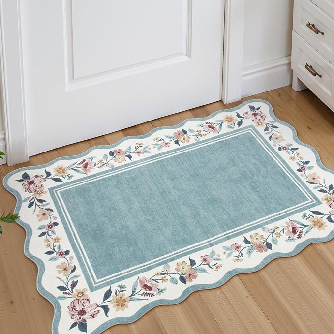 Lahome Floral Blue Kitchen Rug 2x3, Small Scalloped Entryway Rug | Non Slip Washable Rug, Ultra-Thin Front Door Rug for Entrance, Boho Stain Resistant Throw for Bathroom Bedroom Ariele (Blue)