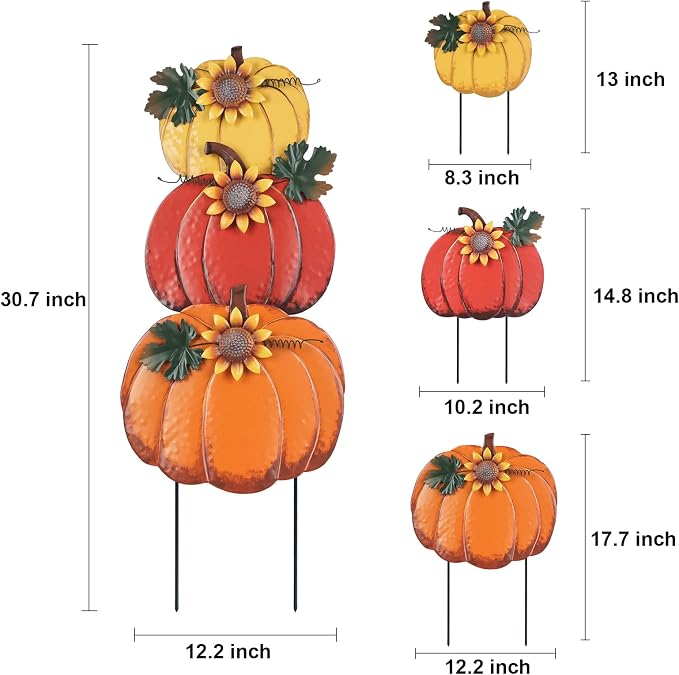 PHITRIC Fall Decorations for Home Outdoor, Decorative Garden Stakes with 3 Pumpkins for Fall Decor, Metal Yard Signs for Outside Garden Yard Lawn Porch Lawn Thanksgiving Decorations