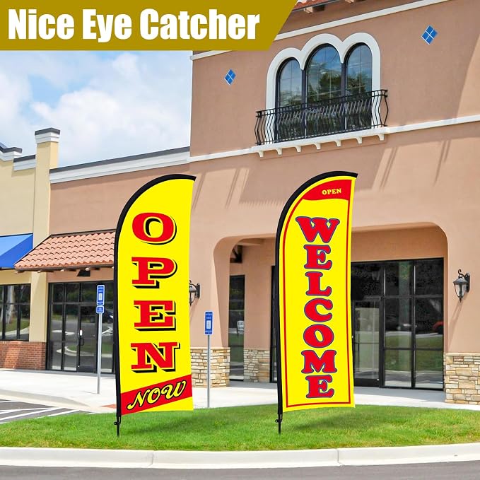 Buryeah 2 Sets Now Open Flag Banner for Business Advertising 7 ft Feather Flag Sign with Flagpole Ground Stake Portable Bag (Yellow)