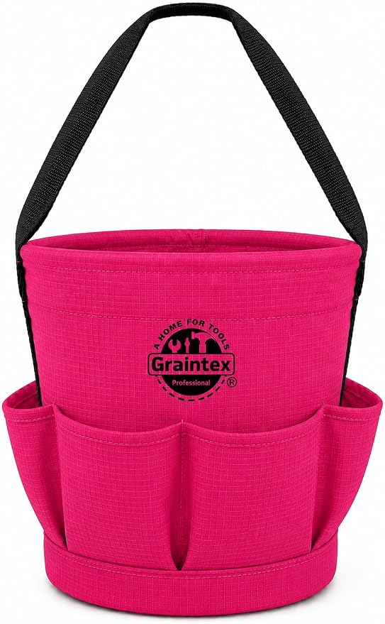 Graintex Tapered Canvas Bucket 12"x10"x15", Utility Tool Bucket 6 Pockets Outside, Reinforced Base & Carry Handle, Ripstop Canvas, Multi-Purpose Bag for Jobsite & Home Use