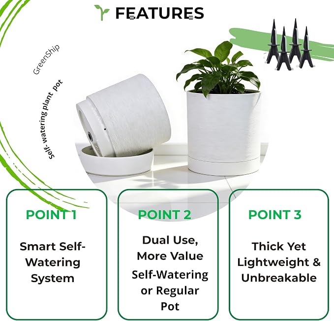 GreenShip Planter Set of 2 (13.8" & 11.8") – Cylinder Planters with Drainage Hole and Planter Saucer, Jun Porcelain Clay & Recycled Resin, Decorate Home,Office & Outdoor,White pots