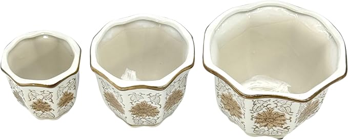 Galt International Brown & White Floral Porcelain Ceramic Decorative Flower Pot 8"/6"/4.5" Garden Pots Chinese Asian Design - Set of 3 Brown & White Fluted