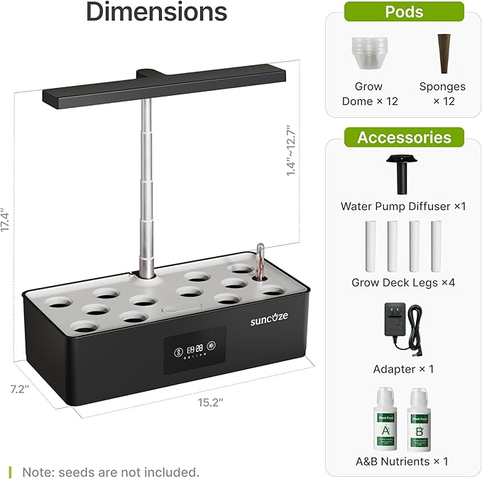 SUNCOZE Hydroponics Growing System Kit with 24W Dimmable LED Light, Black | 12 Pods Indoor Herb Garden with Timer & Local Time Setting, Adjustable Height, Smart Countertop Garden for Home & Kitchen