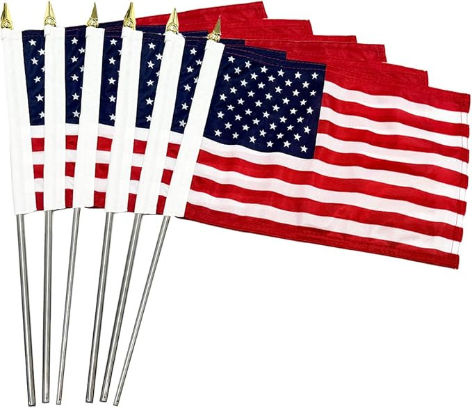 TOPFLAGS 8x12 Small American Flag on Stick 6 Pack Mini US Flags 8x12 Inch Metal Handheld Pole for Outside 4th of July Memorial Day USA 250th Anniversary Patriotic Decorations