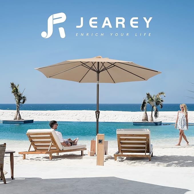 JEAREY 9FT Outdoor Patio Umbrella Outdoor Table Umbrella with Push Button Tilt and Crank, Market Umbrella 8 Sturdy Ribs UV Protection Waterproof for Pool, Garden (Beige)