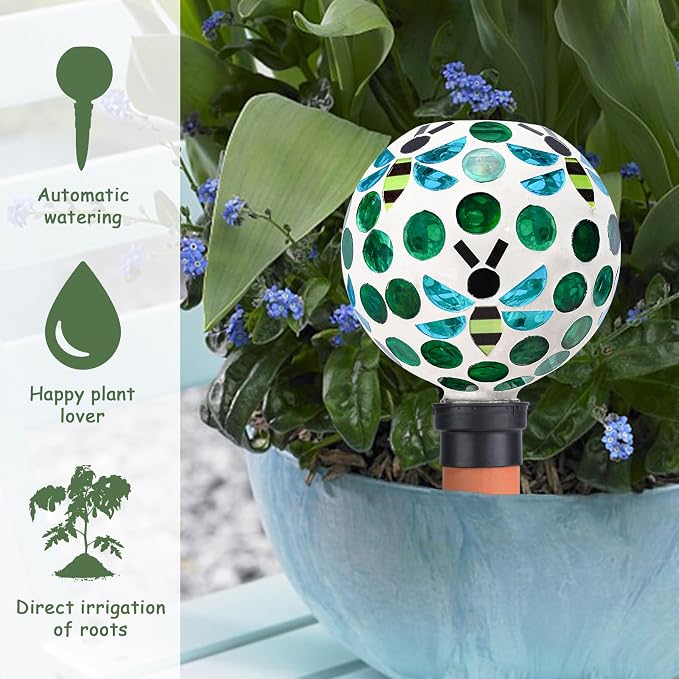 Terracotta Plant Watering Globes Mosaic Self Watering Spikes 2 Pack for Indoor Outdoor Plants Automatic Plant Waterer Plant Watering Devices for Garden Home Decor, Green