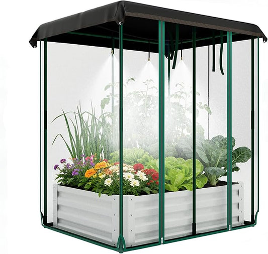 Garvee 48"x36"x12" Raised Garden Bed Kit with Shade Cloth & Irrigation, 3-in-1 Metal Planter Box with Insect Mesh & Drip System, Self-Watering Outdoor Galvanized Raised Bed for Vegetables Flowers
