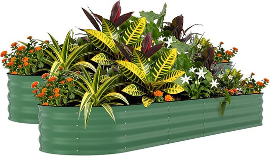 Garvee 2 Pack 8x2x1.5ft Galvanized Raised Garden Bed Kit, Oval Metal Planter Boxes with Anti-Cut Safety Edges, Rust-Resistant Deep Root Planters for Outdoor Vegetables, Flowers, Herbs, Green