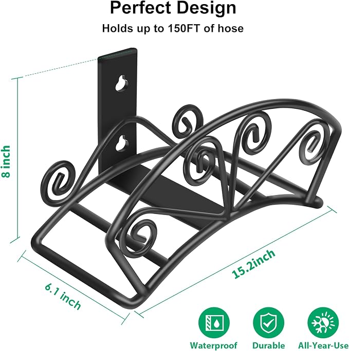 TomCare Garden Hose Holder Heavy Duty Water Hose Holder Holds 150 FT Hoses Solid Metal Hoses Hanger Wall Mount Decorative Durable Garden Hoses Storage Hose Reel Hose Organizer for Outside Yard, Black