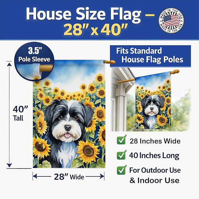 Caroline's Treasures DAC6097CHF Havanese in Sunflowers House Flag Large Porch Sleeve Pole Decorative Outside Yard Banner Artwork Wall Hanging, Polyester, House Size, Multicolor