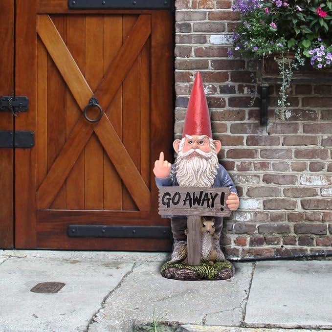 DWK Garden Gnome Statue, 17.5 Inch with Go Away Sign and One-Finger Salute | Take a Hike Un-Welcome Message, Hand-Painted Resin, Outdoor Porch or Garden Decor