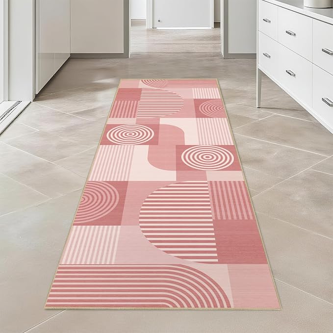 Pink Geometric 2x6 Runner Rug for Hallway Kitchen Bedroom Machine Washable Mid Century Modern Rug Non Slip Low Pile Minimalist Line Runner Rugs Long Floor Mat Carpet for Bathroom Laundry,Pink