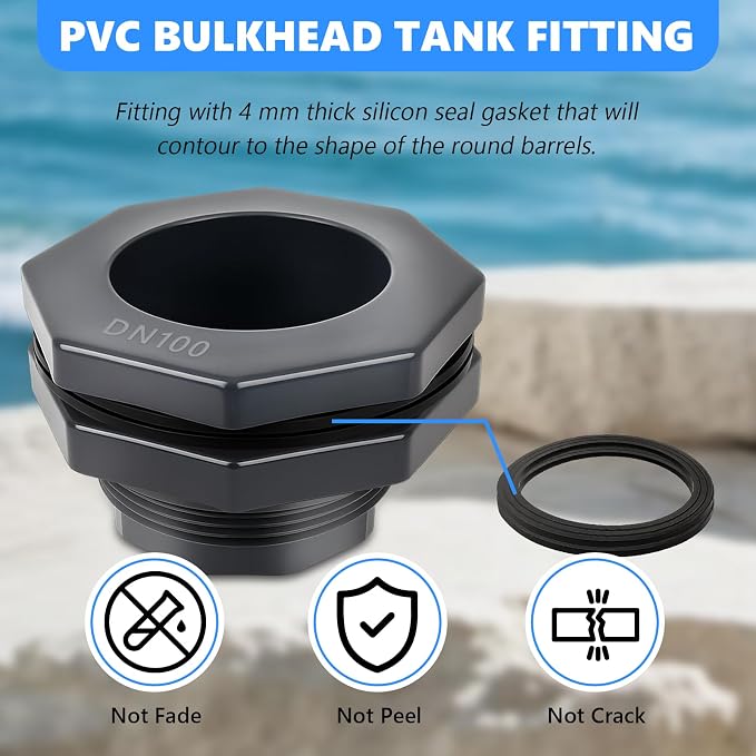 1 Pcs 4 Inch Bulkhead Fitting PVC - Heavy-Duty Plumbing Kit for Water Tank, Aquariums, Rain Barrels & Pools with Reinforced Seals (Female/Internal Thread, Requires 5-3/4" Hole Saw)
