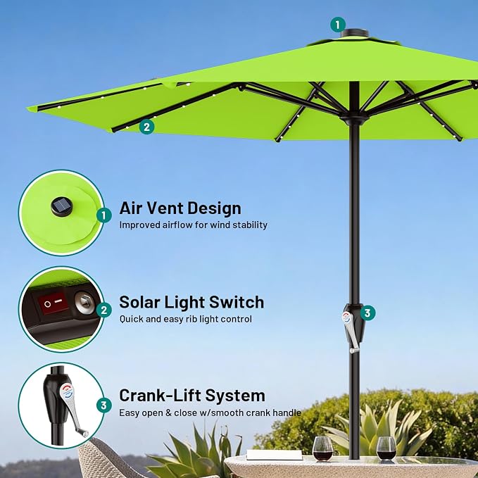 AreShark 12FT Large Patio Umbrella with Solar Lights, Solar Powered Outdoor Umbrella with Crank, Patio Table Market Umbrellas for Garden, Deck, Backyard, Pool and Beach, Apple Green