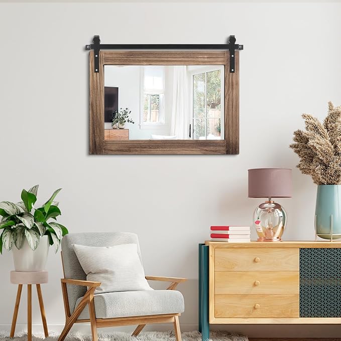 AAZZKANG Wood Mirror Rectangle Large Rustic Wall Mirror 18"x26" with Framed Bedroom Living Room Bathroom Hanging Mirror Horizontal