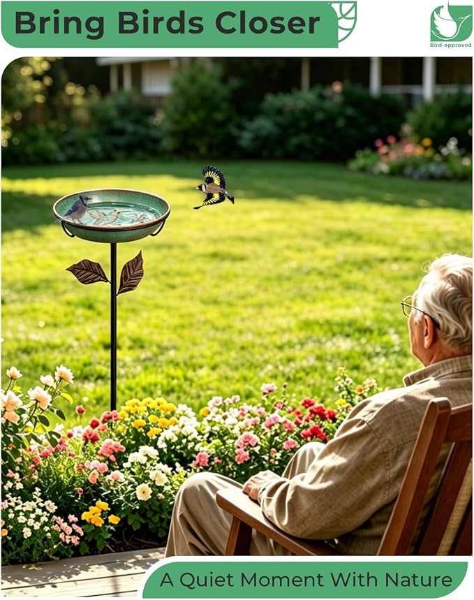 Metal Bird Bath for Outside 12" Bowl – Hummingbird Embossed Garden Birdbath with Stake | Removable Bowl, Rust Resistant Outdoor Water Bowl for Small Birds, 36" Yard Lawn Decor