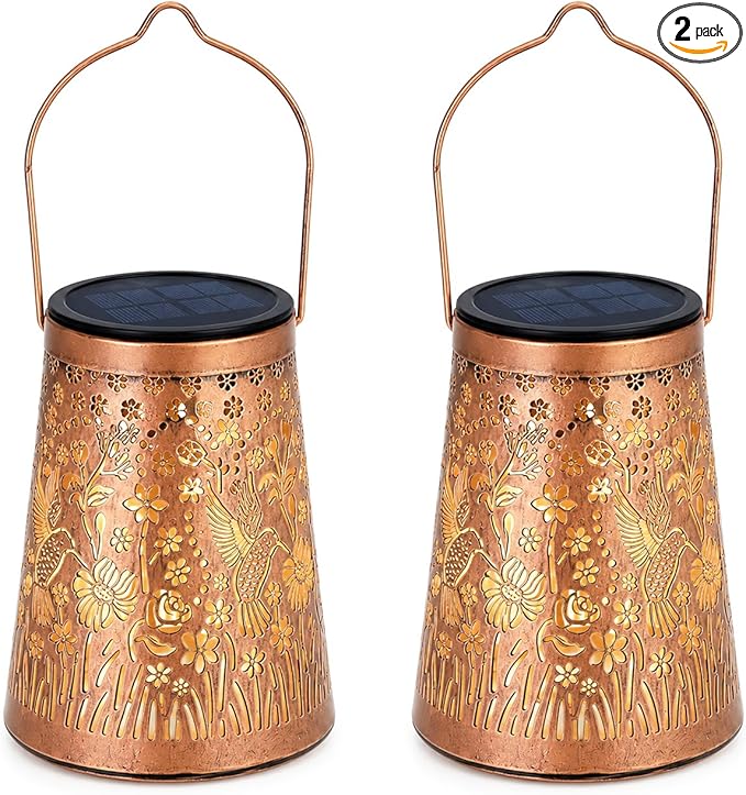 LeiDrail Hummingbird Solar Lanterns Outdoor 2 Pack, Hanging Waterproof Vintage Metal Lantern, Auto On/Off Garden Patio Yard Porch Pathway Decor, Warm White LED, Gifts for Women Mom Grandma