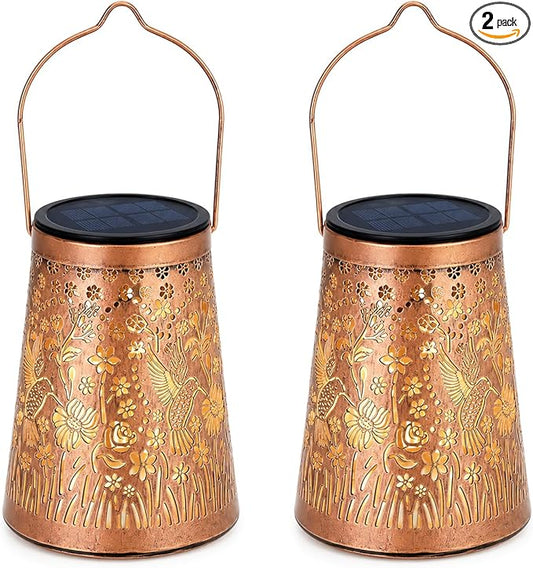 LeiDrail Hummingbird Solar Lanterns Outdoor 2 Pack, Hanging Waterproof Vintage Metal Lantern, Auto On/Off Garden Patio Yard Porch Pathway Decor, Warm White LED, Gifts for Women Mom Grandma