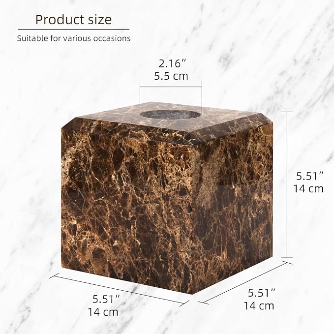 Natural Marble Square Tissue Box Cover,Stone Modern Decorative Sturdy Napkin Box Holder Case,Facial Paper Organizer for Bathroom Vanity Toilet Countertop,Kitchen (1, Dark Brown, 5.71 * 5.71 * 5.51)