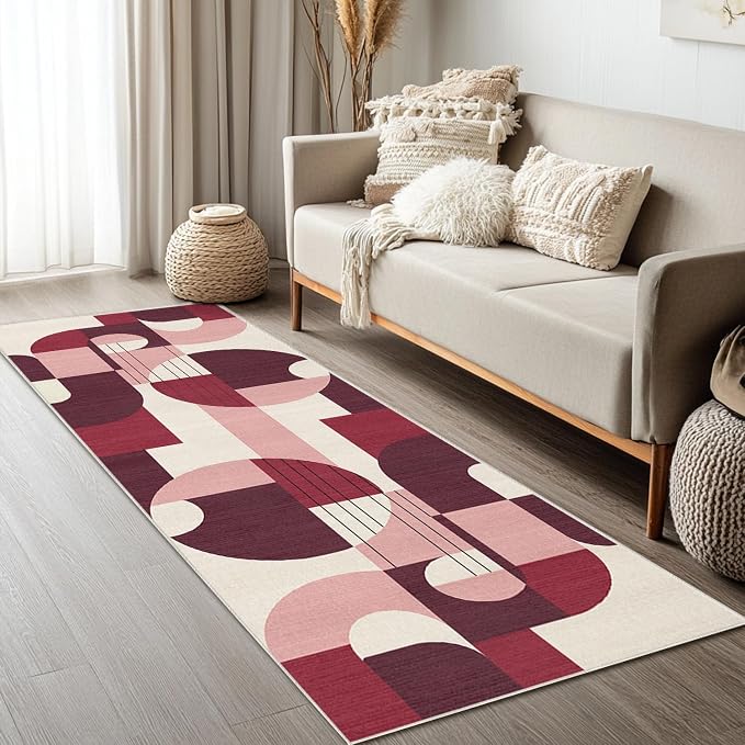 2x6 Burgundy and Pink Geometric Runner Rug for Kitchen Entryway Hallway Dark Abstract Modern Area Rug Machine Washable Non-Slip Carpet for Bedroom Bathroom Bedside