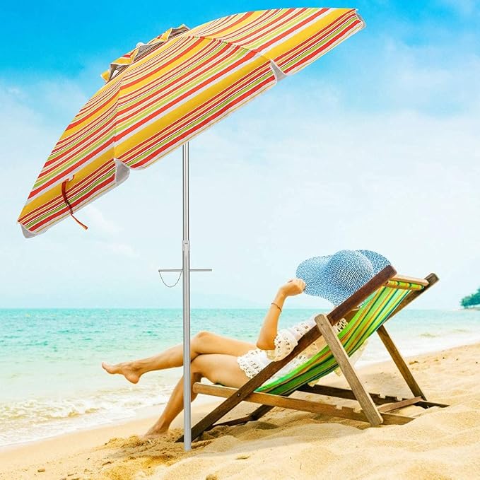 Tangkula 6.5ft Outdoor Beach Umbrella with Sand Anchor, Patio Umbrella with Push Button Tilt & UPF 50+ Protection, Portable Sunshade Umbrella with Carry Bag for Garden Beach Outdoor (Yellow)