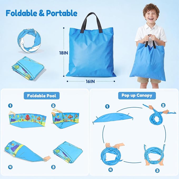 Foldable Kiddie Pool with Canopy 47IN Baby Swimming Pool for Kids | 47IN Toddler Baby Pool with UPF 50+ Shade, Carry Bag Non-Slip, Non-Inflatable Portable Water Play Pool for Backyard Beach