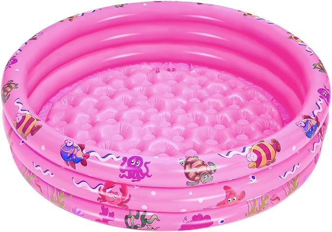 Inflatable Baby Kiddie Pools, 3 Rings Round Swimming Pool, Toddler Fun Water Swim Beach Floaties Toys, Kids Fishing Pond Ball Pit Pool, Small Infant Pool (Pink, 35 inch)