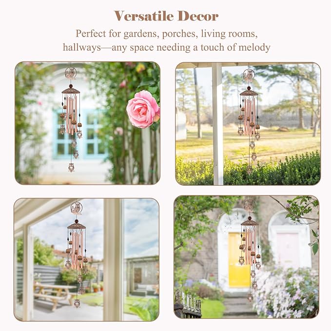 36 Inch Owl Wind Chimes for Outside - Rustic Copper Metal Silhouette Decor with 6 Handcrafted Pendants - Wisdom & Guardian Memorial Windchime - Unique Gift for Owl Lovers, Garden & Patio