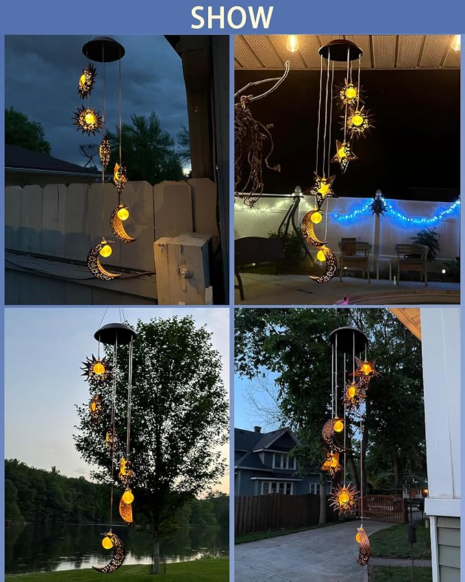 Tryme Solar Wind Chimes for Outside with Sun Moon Star Solar Hanging Lights Windchimes Outdoors Garden Decor Gifts for Mother, Grandma, Sister