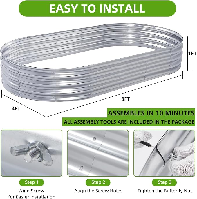 Galvanized Raised Garden Bed Kit, Planter Garden Boxes Outdoor, Oval Large Metal for Vegetables Fruits, Flowers Planter Boxes, Easy Assembly Garden Bed Kit (Silver, 8×4×1FT (1-Pack)