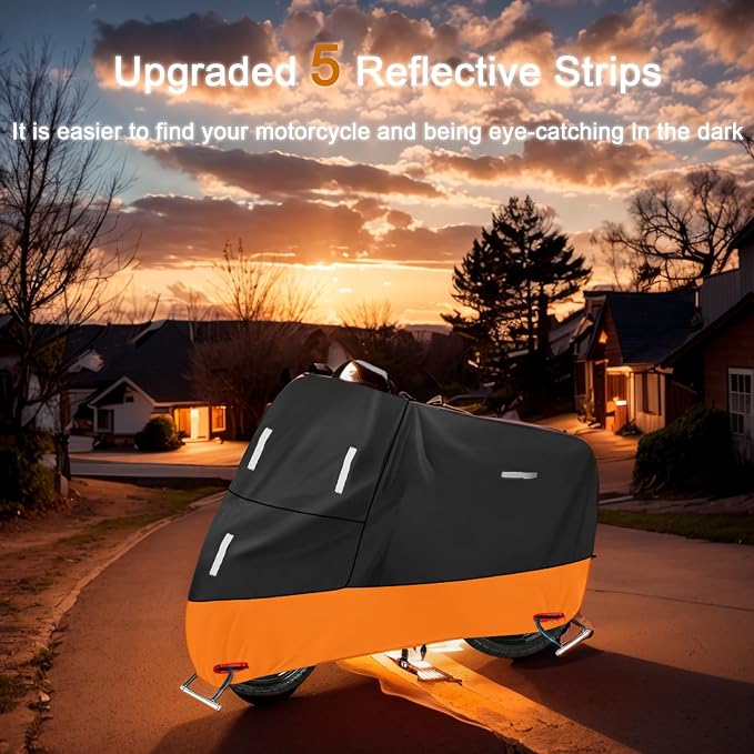 SECELES Waterproof Motorcycle Cover 300d Oxford Heavy Duty Powersports Vehicle Covers with Windproof Buckles Motorcycle Rain Cover for Dirt Bike (XXXL 96" x 37" x 50" Black & Orange)
