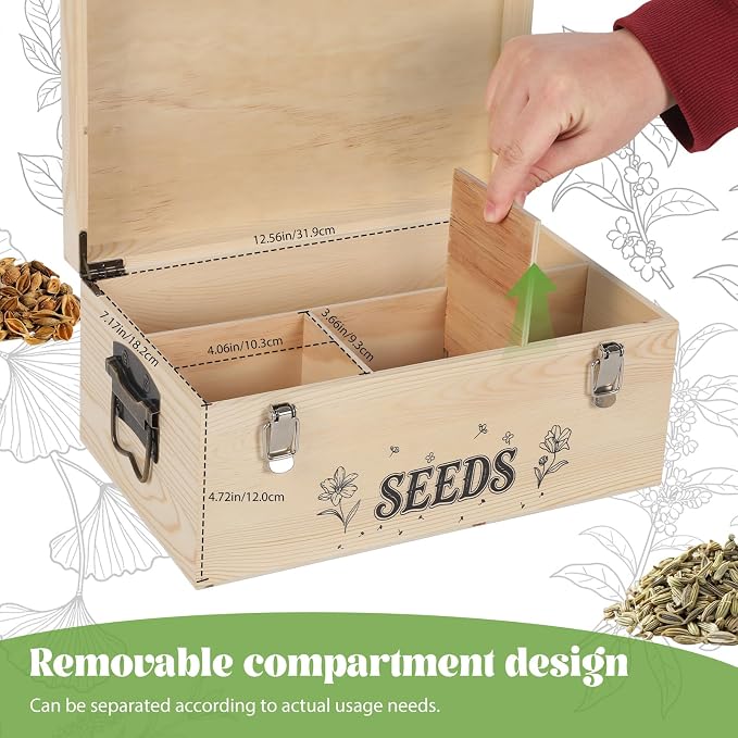 13.1”×7.7”×6” Wood Seed Storage Box 60pcs Seed Envelopes Fluorescent Index Tabs Seed Saving Organizer Box with Removable Dividers Safety Lock Side Handles Top Handle Gifts for Gardener Friends