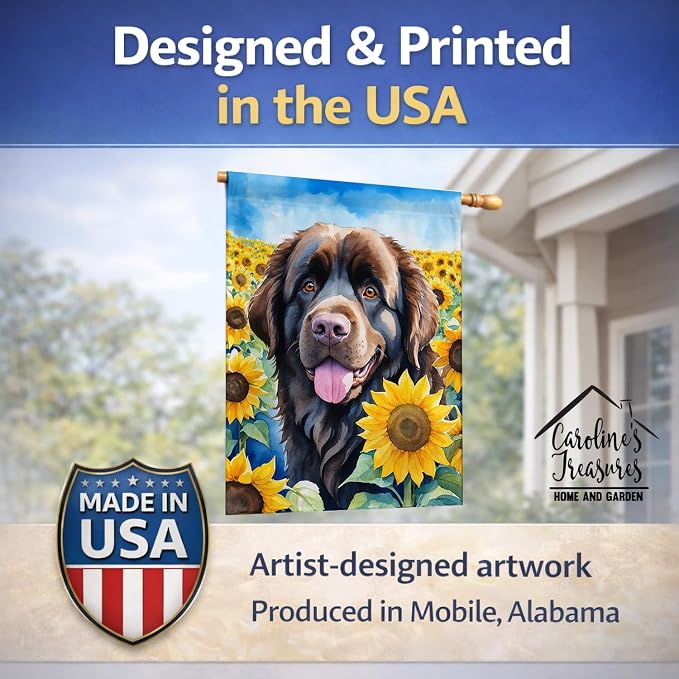 Caroline's Treasures DAC6124CHF Newfoundland in Sunflowers House Flag Large Porch Sleeve Pole Decorative Outside Yard Banner Artwork Wall Hanging, Polyester, House Size, Multicolor