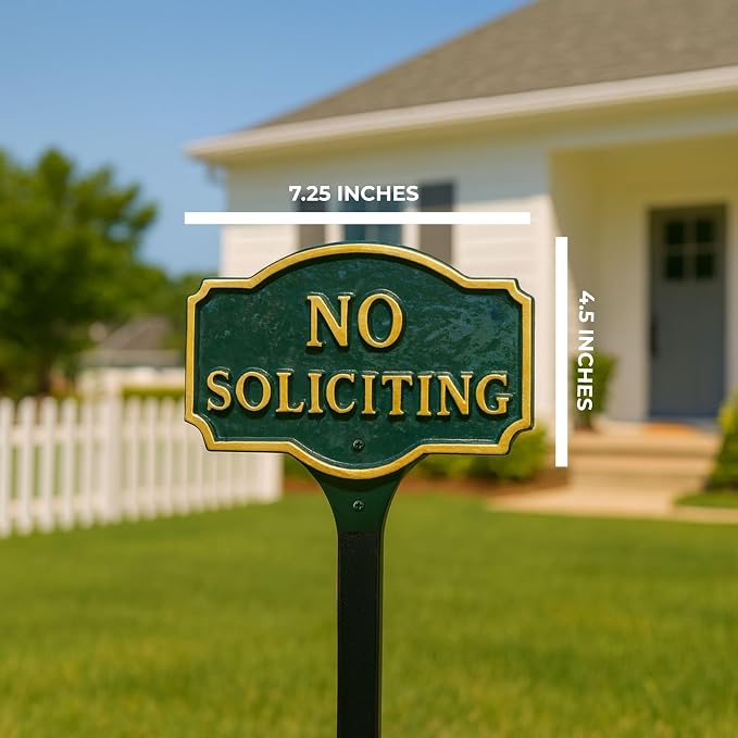 Montague Metal Products Montague No Soliciting Statement Plaque, Cast Metal No Soliciting Statement Sign - WALL Display - Warning Sign - Business Signage - Easy to Install - UV Resistant (Green/Gold, 4.5" x 7.15" with 17.5" Lawn Stake)