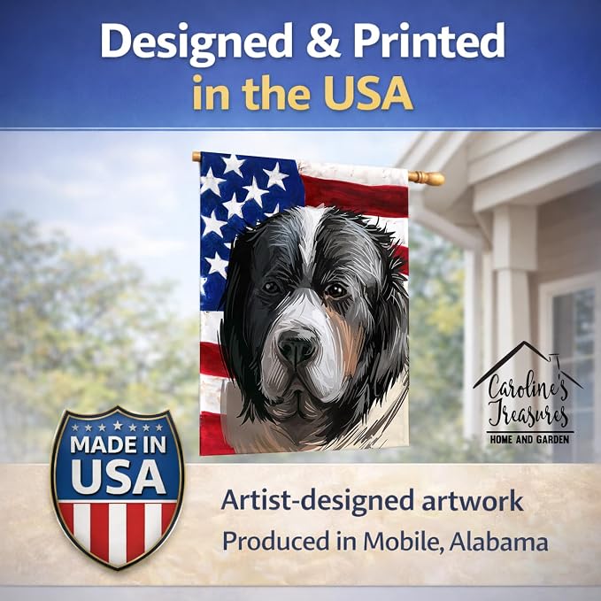 Caroline's Treasures CK6669CHF Pyrenean Mastiff Dog American Flag House Flag Large Porch Sleeve Pole Decorative Outside Yard Banner Artwork Wall Hanging, Polyester, House Size, Multicolor