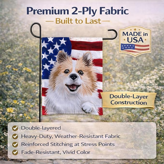 Caroline's Treasures CK6566GF Icelandic Sheepdog Dog American Flag Garden Flag Mailbox Flag Decorative Yard Flag Banner Outside Patio Artwork Yard Flower Beds, Garden Size, Multicolor