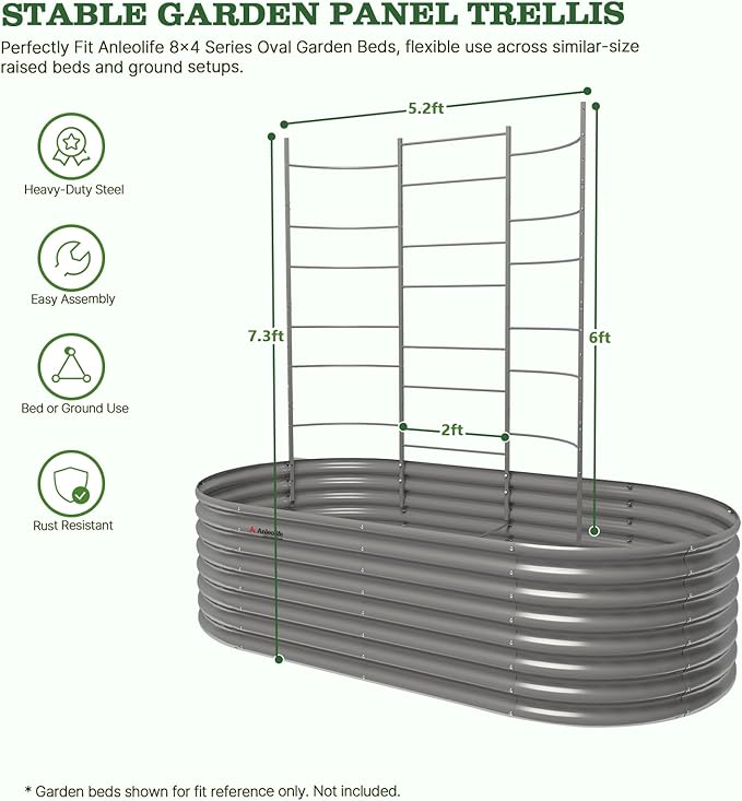 A ANLEOLIFE Garden Panel Trellis for Raised Garden Beds, Heavy-Duty Metal Panel with Crossbars, Bed-Mount or Ground Install, Vertical Support for Tomatoes, Peas & Beans, Quartz Gray