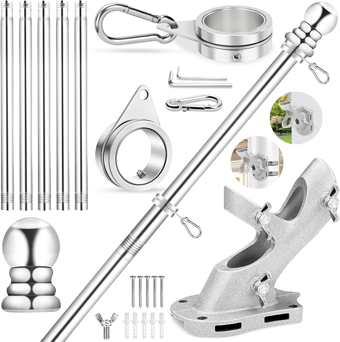REERON Flag Pole for House, 6 FT Stainless Steel Spinning Flag Pole Kit, 1" Rustproof Porch Flagpole with 360° Tangle Free Metal Flagpole Rings & 2-Position Bracket for Outdoor Sport for 3x5 Flags