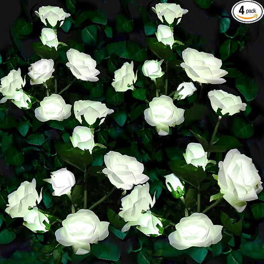 NQN Upgraded 4 Pack White Outdoor Solar Powered 7 Rose Flowers Garden Stake Light, LED Solar Powered Light Decorative Flower Lamp, Waterproof Solar Decorative Light for Garden Yard Patio Pathway Light