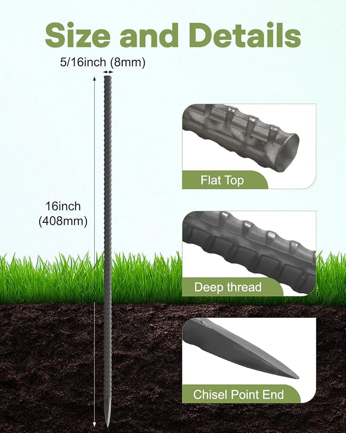 50 Pcs Ground Rebar Stakes 16 inch, Heavy Duty Landscape Timber Spikes 5/16'' Diameter Straight Steel Stakes for Trampoline Tent Fence Plant Supports, Metal Ground Anchors with Chisel Point End