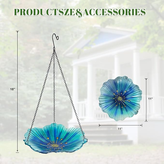 HONGLAND Bird Baths for Outdoors, Glass Birdbaths Outdoor Birdfeeder with Metal Stake (Light Blue with Hanging)