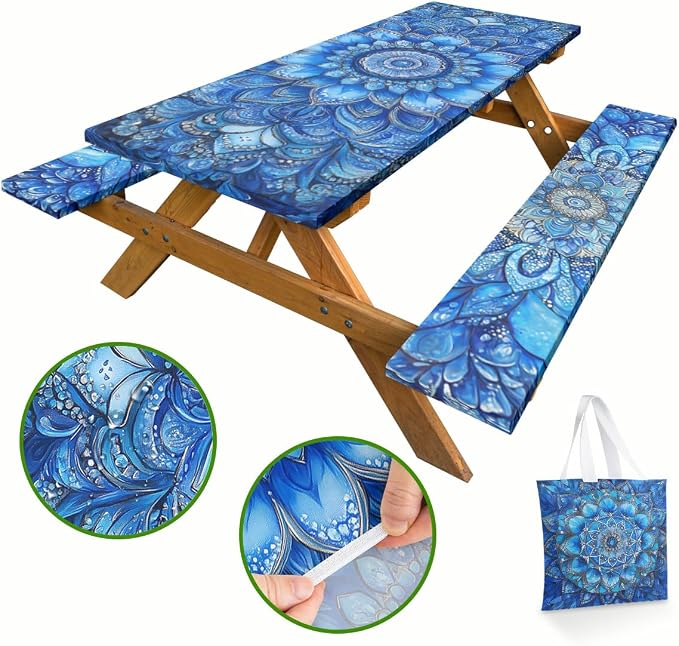 Blue Mandala Picnic Table Cover with Bench Covers and Carrying Bag, Vintage Boho Floral Rectangle Table Cover Outdoor Patio Camping Essentials 72 inch 4PCS Camping Fitted Tablecloth