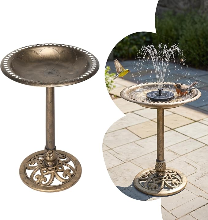 VINGLI Pedestal Bird Bath with Solar Fountain, Solar Pump Resin Birdbaths, Weather Resistant Bird Baths with Ground Stakes, Vintage Finish Garden Decor for Outdoor, Patio, Yard, Lawn (Copper-2.5W)