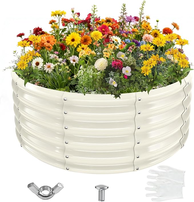 YSEJOMP 17" Tall Round Outdoor Garden Raised Garden Bed Kits-0.8MM Thick Metal Raised Planter Bed/Ground Planter Box for Variety of Flowers,Herbs,Vegetables,Trees (Cream White, 40 Dia X 16.5 inches)