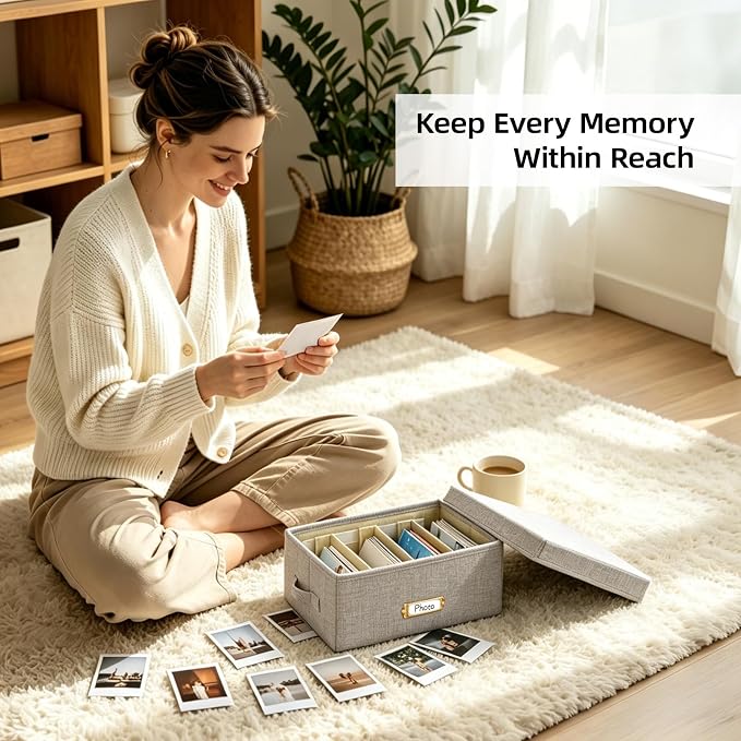 Linen Photo Storage Box with Adjustable Hook and Loop Dividers, Holds 850 4"x6" Photos, Collapsible Picture Organizer with Handle and Label Stickers, Memory Keepsake Box for Women, Beige