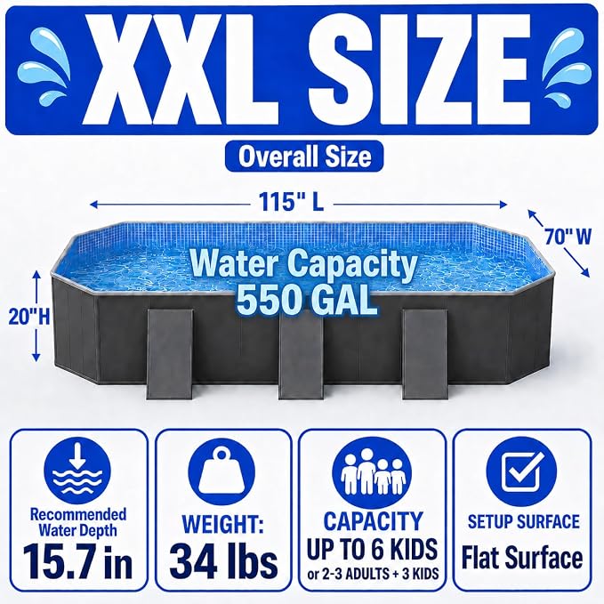 Japard Foldable Non-Inflatable Pool Large 115" Reinforced Walls Charcoal | Kiddie Family Swimming Baby Toddler 20 Inch Deep with Reinforced Sidewalls for Backyard Blue Green Charcoal Gray